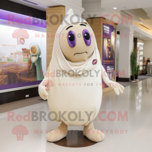 Beige Eggplant mascot costume character dressed with a Cover-up and Foot pads