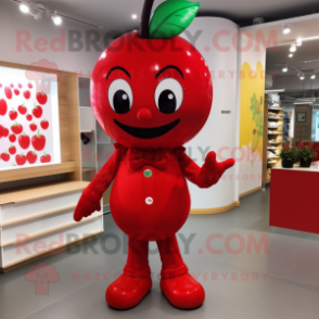 Red Cherry mascot costume character dressed with a Bodysuit and Shoe laces