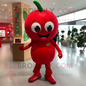 Red Cherry mascot costume character dressed with a Bodysuit and Shoe laces