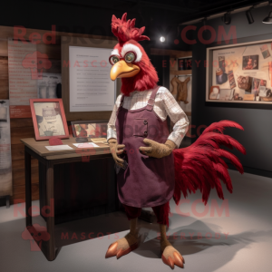 Maroon Rooster mascot costume character dressed with a Dungarees and Hairpins