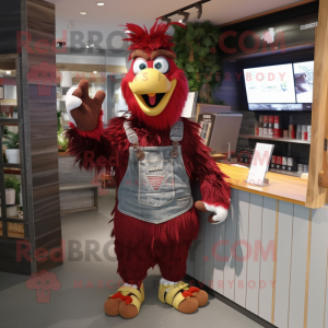 Maroon Rooster mascot costume character dressed with a Dungarees and Hairpins