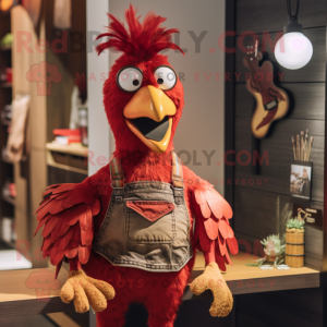 Maroon Rooster mascot costume character dressed with a Dungarees and Hairpins