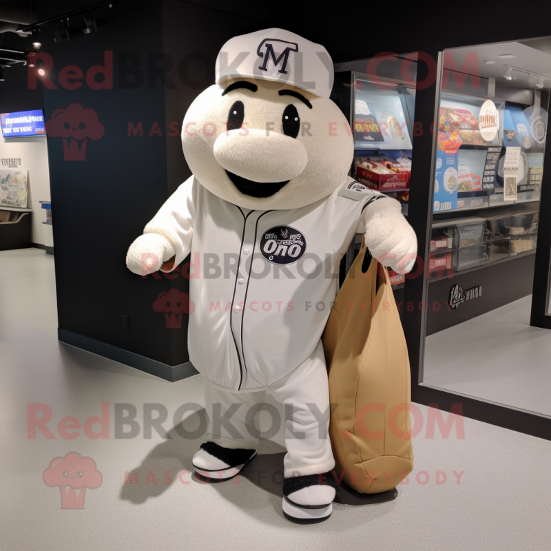 White Pizza mascot costume character dressed with a Baseball Tee and Tote bags White Pizza mascot costume character dressed with a Baseball Tee and Tote bags
