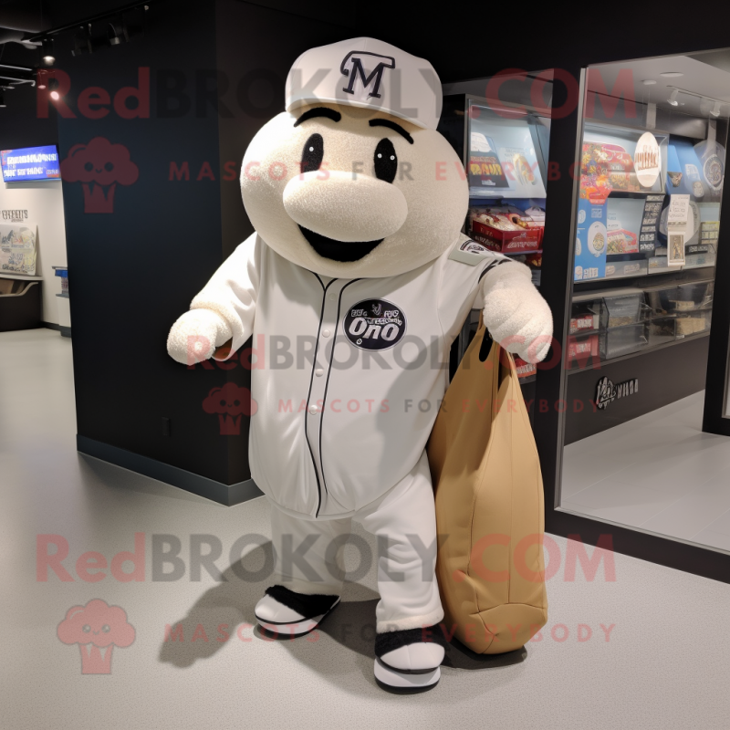 White Pizza mascot costume character dressed with a Baseball Tee and Tote bags