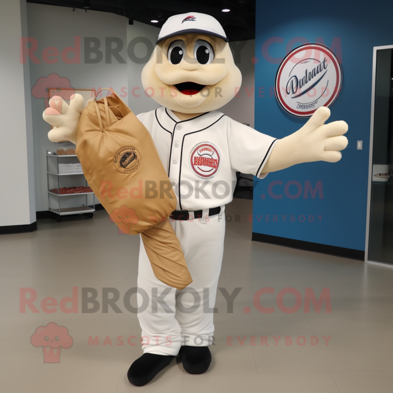 White Pizza mascot costume character dressed with a Baseball Tee and Tote bags