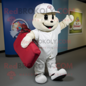 White Pizza mascot costume character dressed with a Baseball Tee and Tote bags