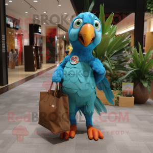 Turquoise Parrot mascot costume character dressed with a Jeggings and Tote bags