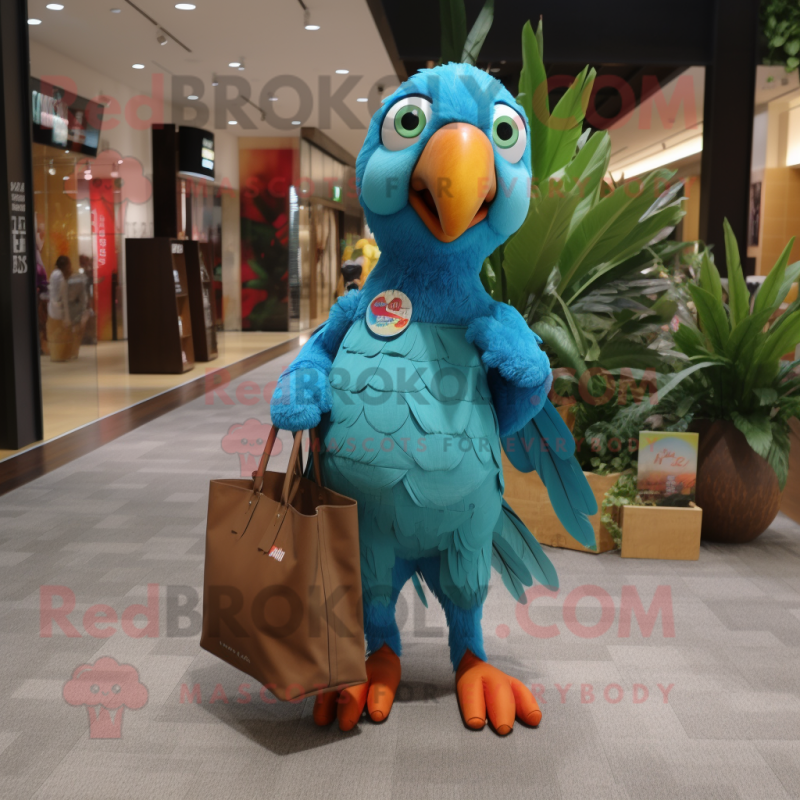 Turquoise Parrot mascot costume character dressed with a Jeggings and Tote bags Turquoise Parrot mascot costume character dressed with a Jeggings and Tote bags