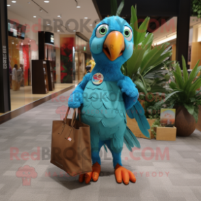 Turquoise Parrot mascot costume character dressed with a Jeggings and Tote bags