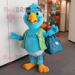 Turquoise Parrot mascot costume character dressed with a Jeggings and Tote  bags - Mascot Costumes -  Sizes L (175-180CM)