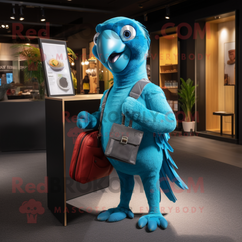 Turquoise Parrot mascot costume character dressed with a Jeggings and Tote bags