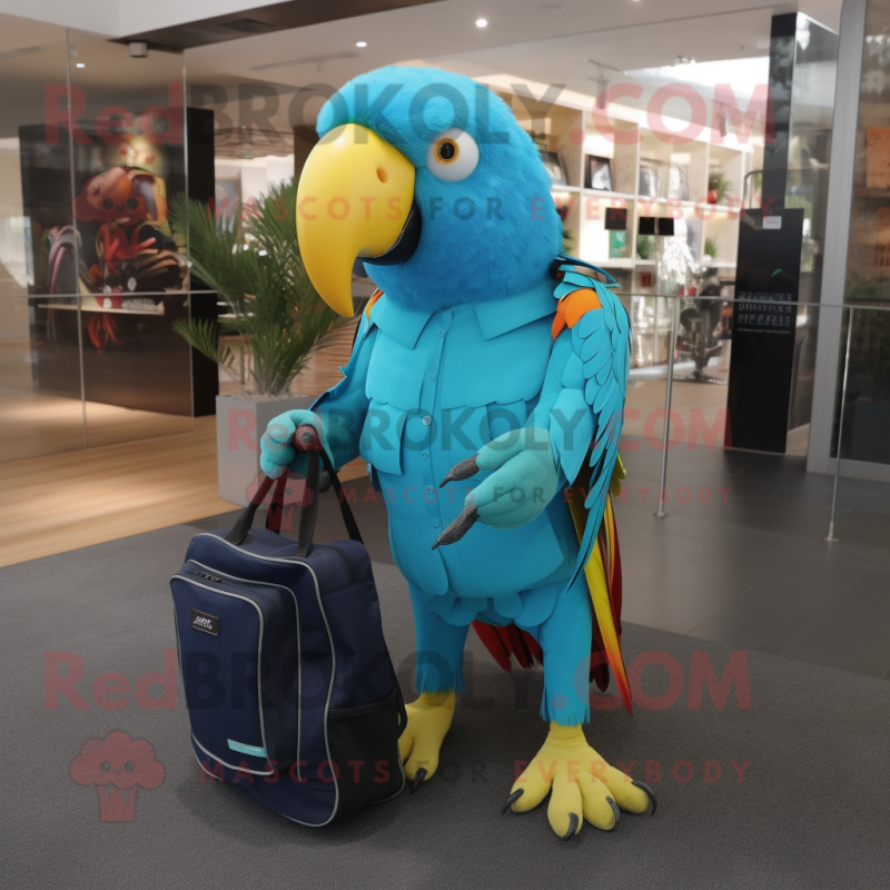 Turquoise Parrot mascot costume character dressed with a Jeggings and Tote bags