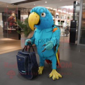 Turquoise Parrot mascot costume character dressed with a Jeggings and Tote bags