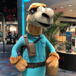 Teal Camel mascot costume character dressed with a Bodysuit and Suspenders