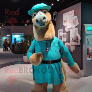 Teal Camel mascot costume character dressed with a Bodysuit and Suspenders