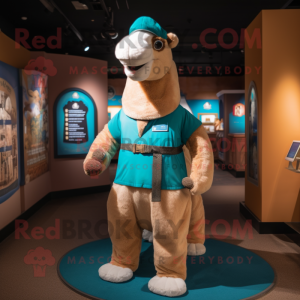 Teal Camel mascot costume character dressed with a Bodysuit and Suspenders