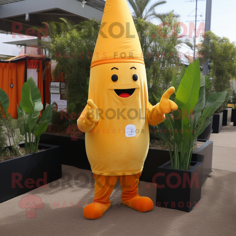 Gold Carrot mascot costume character dressed with a Sheath Dress and Wallets Gold Carrot mascot costume character dressed with a Sheath Dress and Wallets