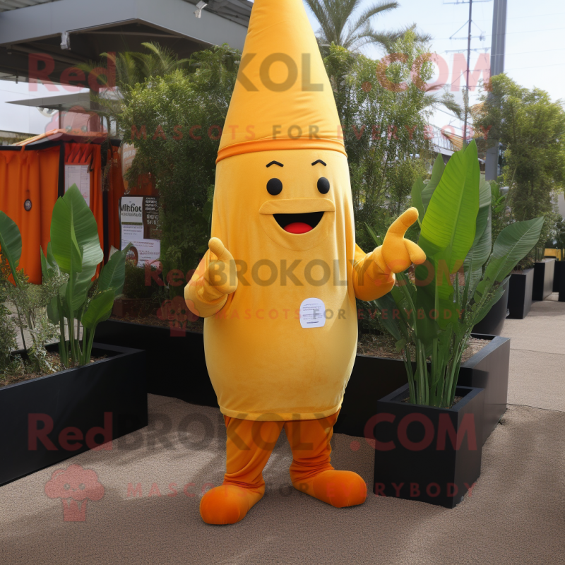 Gold Carrot mascot costume character dressed with a Sheath Dress and Wallets