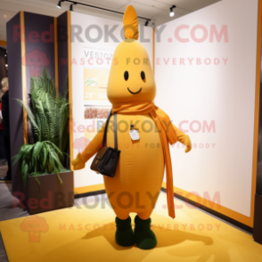Gold Carrot mascot costume character dressed with a Sheath Dress and Wallets