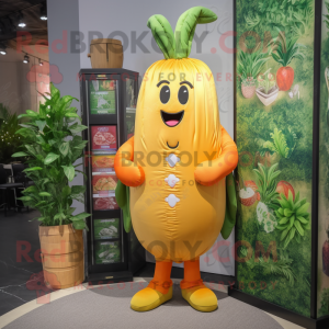 Gold Carrot mascot costume character dressed with a Sheath Dress and Wallets