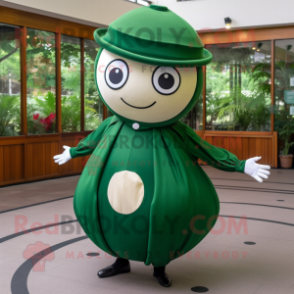 Forest Green Petanque Ball mascot costume character dressed with a Circle Skirt and Hats