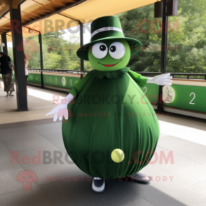 Forest Green Petanque Ball mascot costume character dressed with a Circle Skirt and Hats