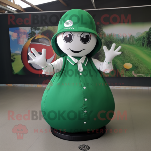 Forest Green Petanque Ball mascot costume character dressed with a Circle Skirt and Hats