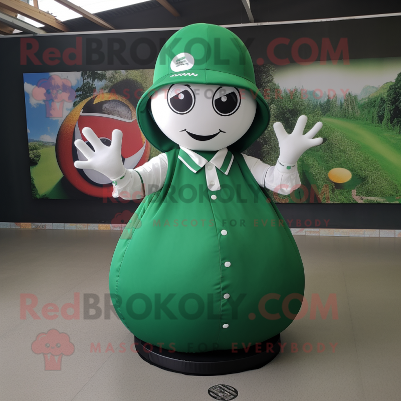 Forest Green Petanque Ball mascot costume character dressed with a Circle Skirt and Hats