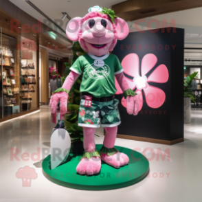 Pink Four Leaf Clover mascot costume character dressed with a Board Shorts and Bracelet watches