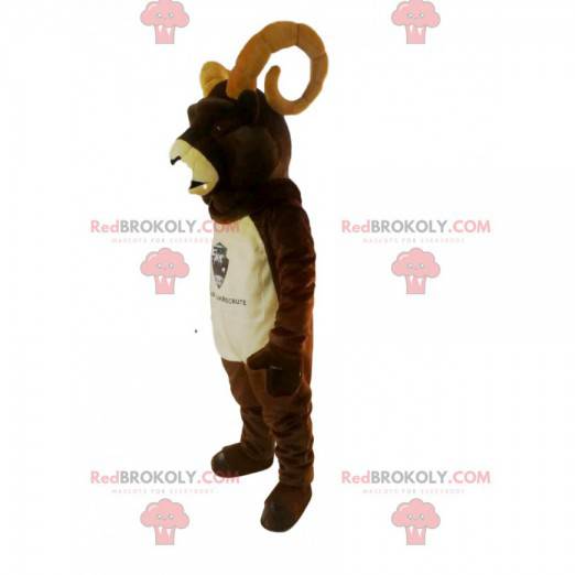 Mascotte de chamoix marron avec de grandes cornes -