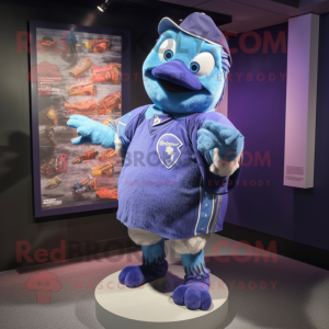 Purple Blue Jay mascot costume character dressed with a Baseball Tee and Shawl pins