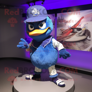 Purple Blue Jay mascot costume character dressed with a Baseball Tee and Shawl pins