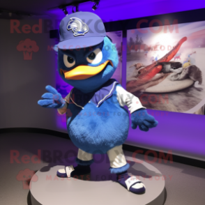 Purple Blue Jay mascot costume character dressed with a Baseball Tee and Shawl pins