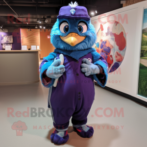 Purple Blue Jay mascot costume character dressed with a Baseball Tee and Shawl pins