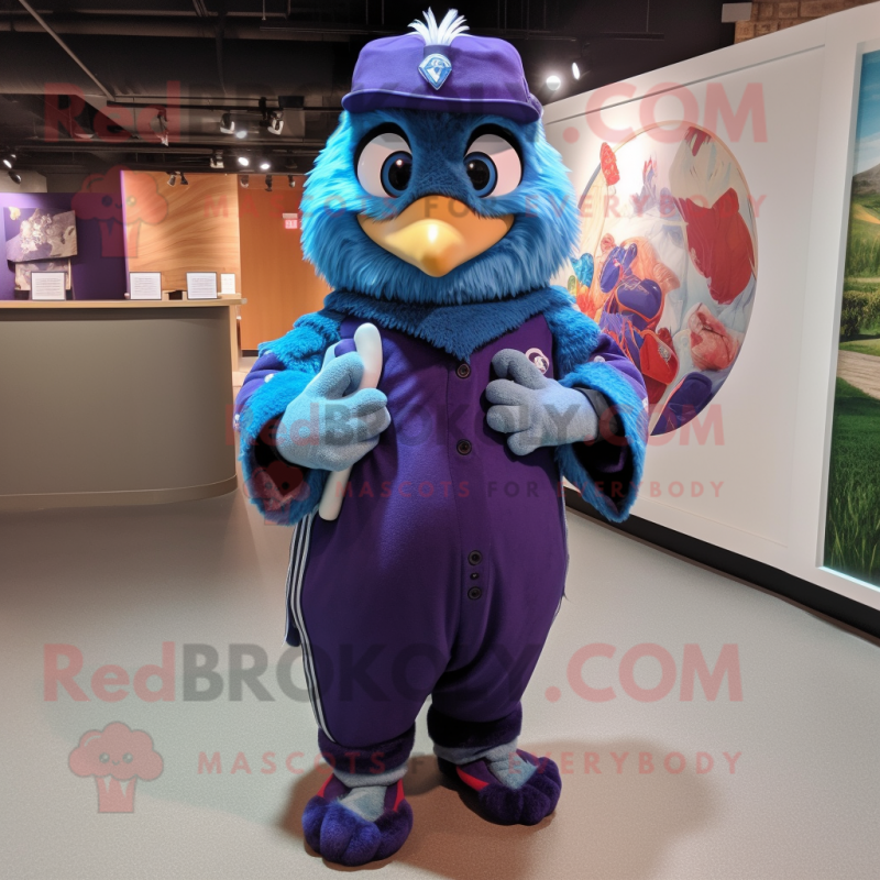 Purple Blue Jay mascot costume character dressed with a Baseball Tee and Shawl pins Purple Blue Jay mascot costume character dressed with a Baseball Tee and Shawl pins