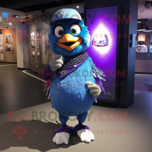 Purple Blue Jay mascot costume character dressed with a Baseball Tee and Shawl pins