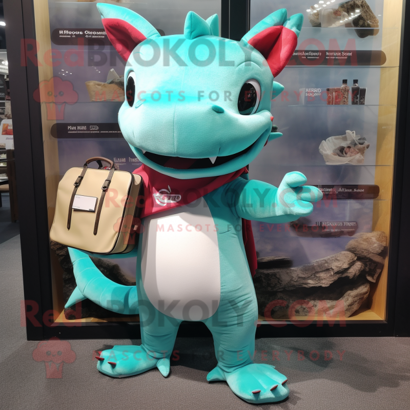 Turquoise Axolotls mascot costume character dressed with a T-Shirt and Wallets