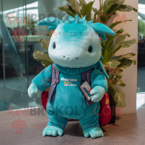 Turquoise Axolotls mascot costume character dressed with a T-Shirt and Wallets