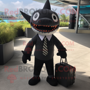 Black Shark mascot costume character dressed with a Suit and Messenger bags