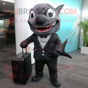Black Shark mascot costume character dressed with a Suit and Messenger bags