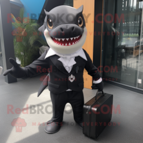 Black Shark mascot costume character dressed with a Suit and Messenger bags