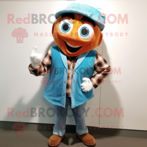 Cyan Tikka Masala mascot costume character dressed with a Flannel Shirt and Wraps