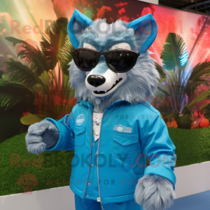 Cyan Wolf mascot costume character dressed with a Jacket and Sunglasses