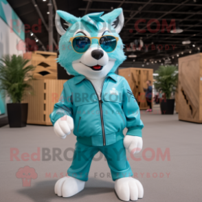 Cyan Wolf mascot costume character dressed with a Jacket and Sunglasses