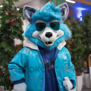 Cyan Wolf mascot costume character dressed with a Jacket and Sunglasses