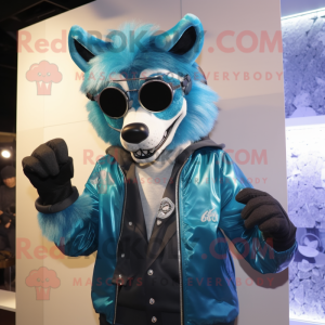 Cyan Wolf mascot costume character dressed with a Jacket and Sunglasses