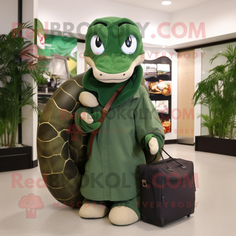 Forest Green Anaconda mascot costume character dressed with a Coat and Tote bags Forest Green Anaconda mascot costume character dressed with a Coat and Tote bags