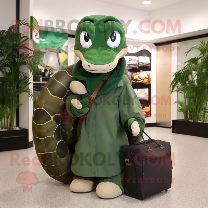 Forest Green Anaconda mascot costume character dressed with a Coat and Tote bags