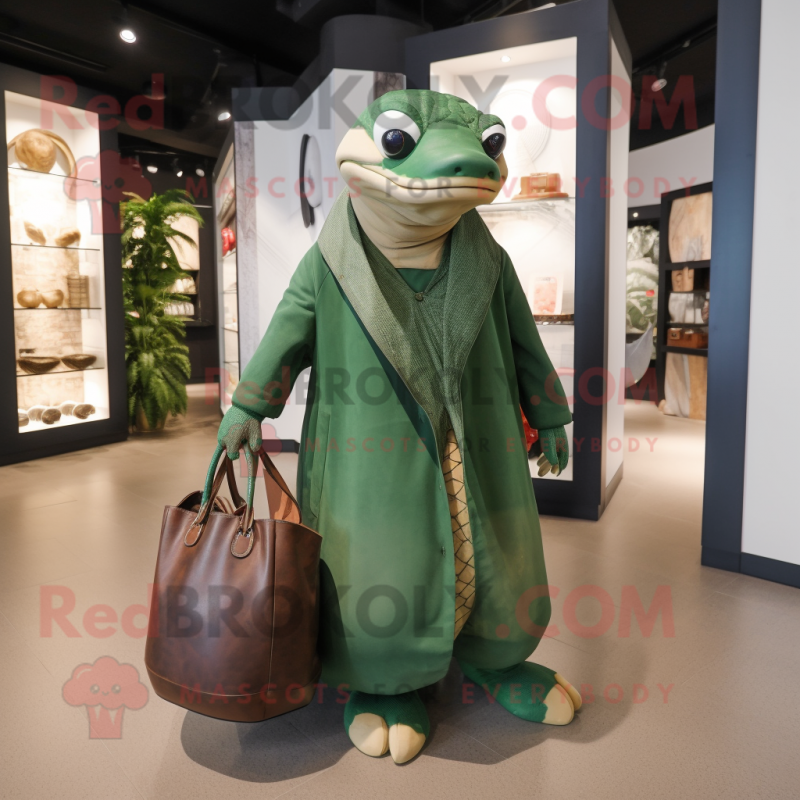 Forest Green Anaconda mascot costume character dressed with a Coat and Tote bags