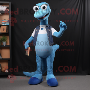 Blue Diplodocus mascot costume character dressed with a Bootcut Jeans and Eyeglasses